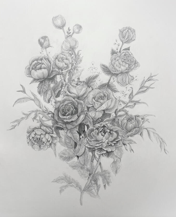 This was inspired by vintage botanical art online and Kiersten's wedding bouquet flowers to fit in a gorgeous gold oval frame.